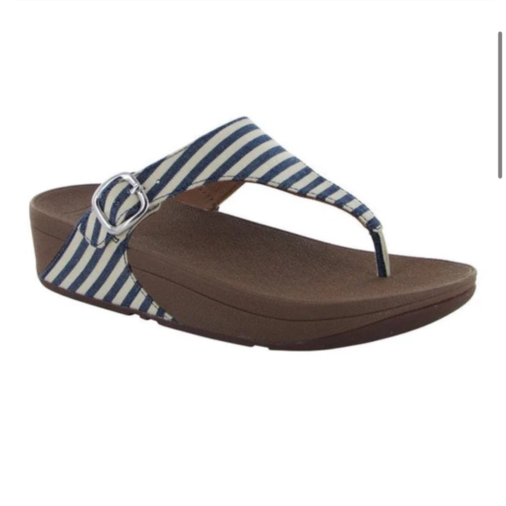 FitFlop Skinny Canvas Toe Post Slide Sandal Shoe Nautical Striped Blue Size 10